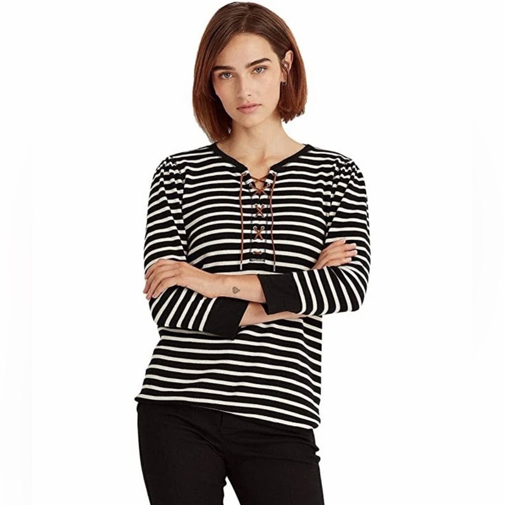 NWOT NEW Ralph Lauren Striped Lace-Up Waffle-Knit Top S 3/4 Sleeve Cotton Shirt